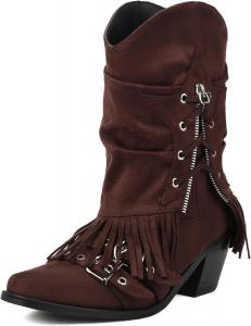 Женские ковбойские ботильоны с бахромой, массивным каблуком, пряжкой, плиссированной замшей, молнией, до середины голени YUHATRG, Brown