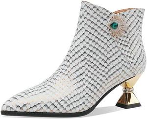 Женские ботильоны TinaCus ручной работы из натуральной кожи с стразы, принтом, боковой молнией, заостренным носком и каблуком средней высоты, Silver