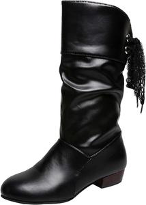 Женские ботинки с низким каблуком, свободного кроя, модные повседневные, из искусственной кожи, с округлым носком, ковбойские, на шнуровке, средней высоты, для верховой езды Generic, Black