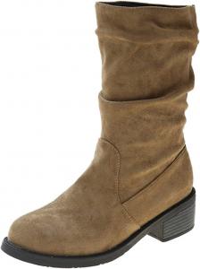 Женские замшевые сапоги AngryMonkey слипоны средней длины, шнуровка с помпонами, круглый носок, широкая голень, поддержка свода стопы, противоскользящие массивные высокие сапоги, Khaki B