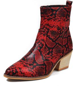 Женские ботильоны с змеиным принтом, боковой молнией, заостренным носком, винтажным массивным каблуком и вестерн-стиле Generic, Red