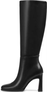 Женские высокие сапоги до колена с широкой голенью, квадратным носком и массивным каблуком, кожаные высокие сапоги, модные осенние и зимние длинные ботильоны Phefarer, Black