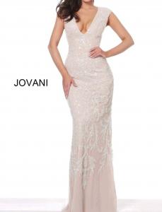 Платье с глубоким вырезом и отделкой в ​​серебристо-телесном цвете JOVANI, цвет silver nude