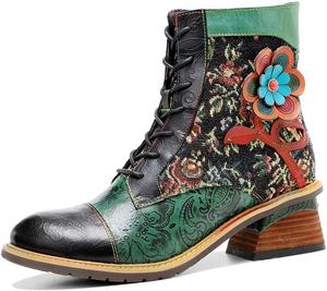 Женские ботинки SOCOFY, зимние ботинки для женщин, бохо-цветочная вышивка, комбинированная кожа, противоскользящие прогулочные ботинки, ретро-молния, короткие бохо-повседневные ботинки, водонепроницаемые ботинки для женщин Eimeinuosy, Black/Green
