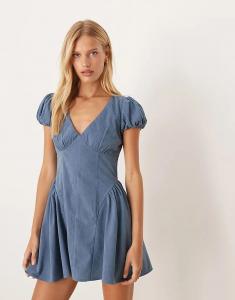 Мини-платье ASOS DESIGN с корсетом на талии и рукавами-буфами, сланцево-синего цвета