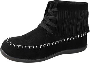 Ботильоны бохо для женщин, винтажные замшевые с бахромой и кисточками, с широким круглым носком, боковой молнией, модные ретро-слипоны на плоской подошве, противоскользящие зимние короткие сапоги до середины икры для девушек Generic, 1Black