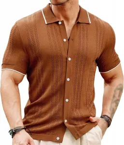 Мужская рубашка с кубинским воротником, короткий рукав, вязаная, поло PHJTOMK