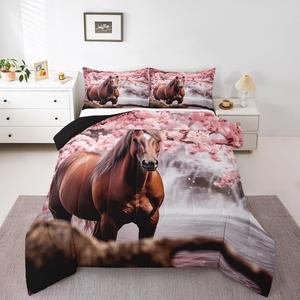 Erosebridal Комплект постельного белья Western Horse с розовым цветущим вишневым принтом в стиле ранчо, Brown Pink