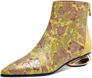 Женские ботильоны TinaCus с острым носком, с цветочным рисунком, из натуральной кожи, ручной работы, на низком каблуке, модные, с задней застежкой-молнией, Yellow