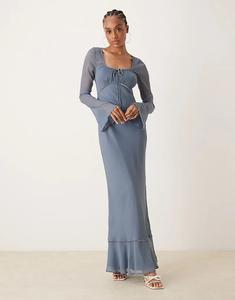 Платье макси ASOS DESIGN Tall с длинными рукавами и сборками на груди стального синего цвета