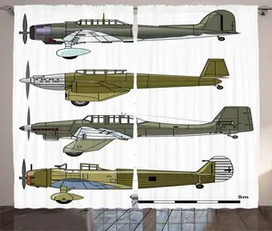 Шторы ABAKUHAUS Rustic Airplane Curtain, Old Dive Planes Jets, универсальные ленточные шторы для гостиной с петлями и крючками, 280 x 245 см, цвет: зеленый, белый, серый Abakuhaus