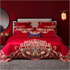 SkiPdr Комплект постельного белья свадебный хлопковый красный с вышивкой золотой дракон и феникс