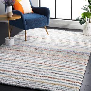 Ковер SAFAVIEH, 214 x 214 см, Berber Shag Collection, Blue Rust & Ivory, современный дизайн в полоску, без линьки и простой в уходе, идеально подходит для помещений с высокой проходимостью в гостиной, спальне (BER587A)