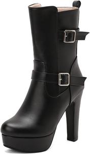 Женские сапоги ZQW средней длины с платформой и сверхвысоким каблуком, с пряжкой, утепленные мехом, кожаные зимние туфли для осени, модной вечеринки, выше колена, Black