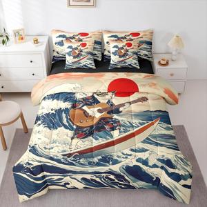 Erosebridal Комплект постельного белья Japanese Cat Guitar Player с рок-музыкальной тематикой и морским принтом для детей и взрослых, Blue White