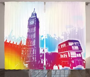 Шторы ABAKUHAUS Urban Rustic, исторический Биг-Бен, Великобритания, универсальные ленточные шторы для гостиной с петлями и крючками, 280 x 175 см, цвет: желтый, фиолетовый, красный Abakuhaus