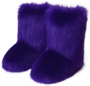 Женские ботинки из искусственного меха, средней длины, теплые и удобные для улицы, на плоской подошве, пушистые короткие зимние ботинки Xinyawei, Dark Purple