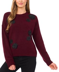 Женский свитер с длинными рукавами и цветочной аппликацией CeCe, Wine