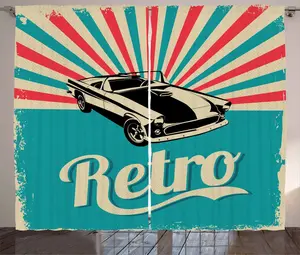 Шторы ABAKUHAUS Rustic Car, классическая американская машина, универсальные ленточные шторы для гостиной с петлями и крючками, 280 x 245 см, небесно-голубой, розовый, черный Abakuhaus