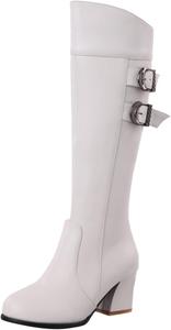 Женские высокие сапоги до колена с массивным каблуком, кожаные сапоги с модной пряжкой и боевые сапоги для девушек Zzalalana, White