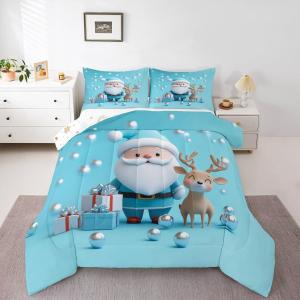 Erosebridal Комплект постельного белья с новогодним принтом Санта Клаус и олени для детей, Sea Blue