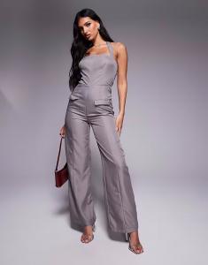 Эксклюзивный комбинезон с широкими штанинами и халтером в тонкую серую полоску Kaiia