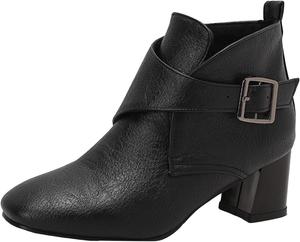 Женские массивные ботильоны на высоком каблуке, осенние с пряжкой, с круглым носком, модные ботинки, стильные массивные ботильоны на среднем каблуке, челси, элегантные короткие ботильоны, удобные кожаные повседневные рабочие туфли Generic, Black-1