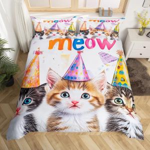Erosebridal Комплект постельного белья Cat Kawaii Decor с мультяшными котятами и животными, White Brown