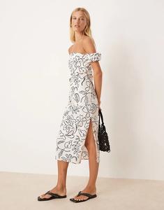Платье миди Mango с открытыми плечами и монохромным волнистым принтом
