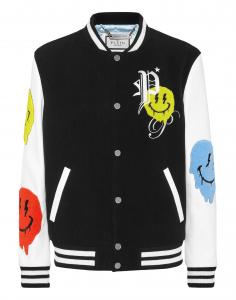 Шерстяная куртка-бомбер в стиле колледжа с кожаными рукавами Smile PHILIPP PLEIN, черный