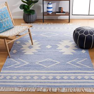 Ковер SAFAVIEH, 92 x 153 см, Kilim Collection, Blue & Ivory, плоское плетение, деревенский бохо-племенной дизайн, не линяет и прост в уходе, идеален для помещений с высокой проходимостью: прихожая, гостиная, спальня (KLM764M)