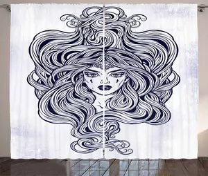 Шторы ABAKUHAUS Hairdresser Rustic Curtain, Девушка Медуза в стиле модерн, универсальные ленточные шторы для гостиной с петлями и крючками, 280 x 175 см, темно-синий, светло-серый Abakuhaus