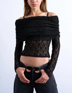 Кружевной лонгслив Topshop с глубокими складками и длинными рукавами, черный цвет