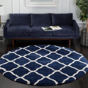 Ковер SAFAVIEH, 92 x 92 см, Hudson Shag Collection Navy/Ivory SGH283C Moroccan Trellis Non-Shedding для гостиной, спальни, столовой, прихожей, плюшевый