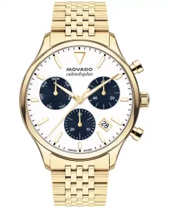 Мужские часы Calendoplan Swiss Quartz Chrono с ионным покрытием светло-золотистого цвета, стальной корпус 43 мм Movado