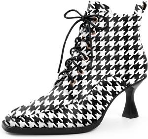 Женские ботильоны с квадратным носком, каблук 7 см, регулируемая шнуровка, боковая молния, короткие сапоги Jaffamiraco, Matte Hahnentrittmuster