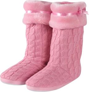 Женские вязаные домашние тапочки с помпонами, теплые пушистые ботильоны для дома с противоскользящей подошвой, мягкие и уютные для женщин Amzhom, Light Pink