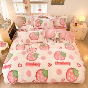 Disney Комплект постельного белья, 1,5-спальная кровать, 4 предмета, для матраса 200x230 см, цвет Bibiberry Strawberry, двусторонний молочный вельвет, утепленный