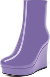 Женские лаковые ботильоны AMBELIGHT с молнией, на платформе, однотонные, с круглым носком, на клиновидном каблуке, средняя голень, 4 дюйма, Lavender