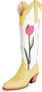 Женские сапоги Maiyang с заостренным носком и цветочным узором, до колена, на низком массивном каблуке, ковбойские, стильные и удобные, размер 4-16 US, Yellow