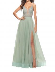 Платье для выпускного вечера A-Line с бретелями и открытой спиной в цвете шалфей La Femme, Sage
