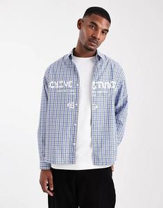 .Клетчатая рубашка свободного кроя с принтом на груди от ASOS DESIGN синего цвета