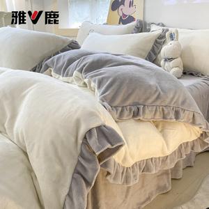 Yalu Постельное белье, 4 предмета, 180 см, простыня на резинке, пододеяльник 200x230 см, молочный флис, бело-серый, с рюшами