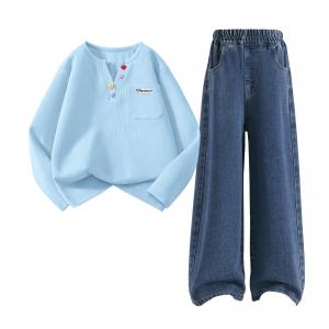 Повседневная спортивная одежда для детей 3-7 лет Disney, Dihu Long Hook-And-Loop Lake Blue+Solid Color Denim Blue