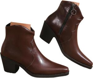 Женские западные ботильоны на низком массивном каблуке, повседневные удобные ботинки с заостренным носком, короткие ботинки с боковой молнией Generic, Brown