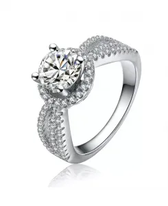 Кольцо с вечной гарантией из стерлингового серебра, покрытого белым золотом, с кубическим цирконием круглой огранки и ореолом Genevive, silver