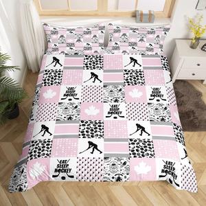 Erosebridal Комплект постельного белья для девочек с хоккейной тематикой в розово-бело-черной клетке, Multi 18