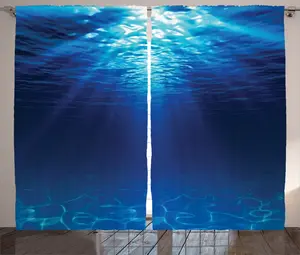 Штора ABAKUHAUS Ocean Rustic, морской пейзаж с песчаным дном, универсальная ленточная штора для гостиной с петлями и крючками, 280 x 175 см, цвет: темно-синий, аквамарин Abakuhaus