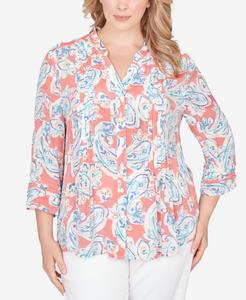 Топ большого размера из шелковистой марли с узором пейсли на пуговицах спереди Ruby Rd, Deep Coral Multi