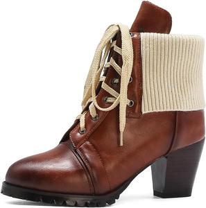 Женские ретро ботильоны с круглым носком, вязаной манжетой, нарядные, на шнуровке, с массивными высокими каблуками, зимне-осенние короткие ботинки JOEUSTY, Brown